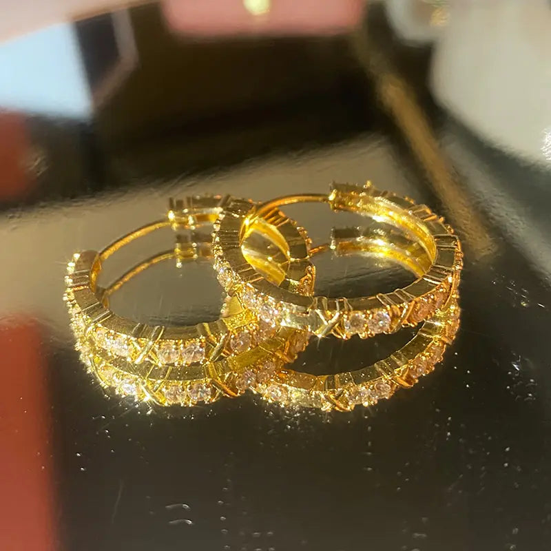 Gold Plated Zircon Cross X Hoop Earrings for Woman